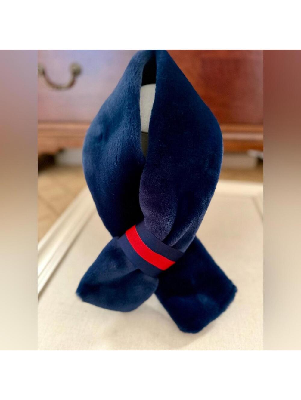 Navy Blue Plush pull through scarf with red and blue striped ribbon detail NWOT